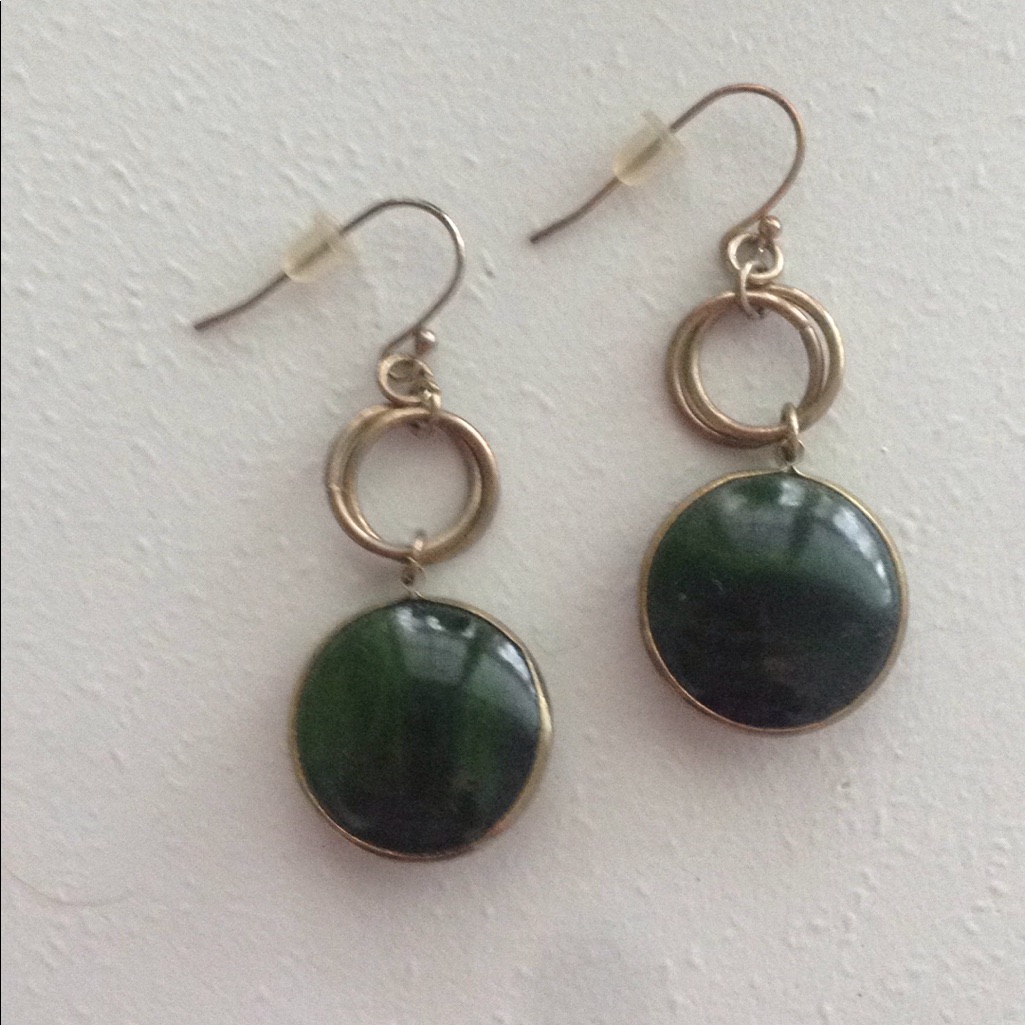 Earrings Hunter Green Disks With Double Ring Drop